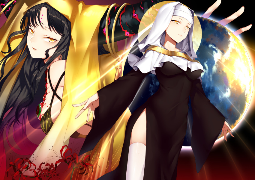2girls absurdres bangs black_dress black_hair breasts check_commentary chinese_commentary commentary commentary_request dress earth_(planet) facial_mark fate/grand_order fate_(series) flower forehead_mark forehead_tattoo habit highres horn_ornament horn_ring horns iiiroha jewelry large_breasts leaning_forward long_hair long_sleeves looking_at_viewer looking_away multiple_girls necklace parted_bangs parted_lips planet red_flower sesshouin_kiara side_slit sidelocks smile spider_lily standing tassel thigh-highs veil white_legwear wide_sleeves yellow_eyes