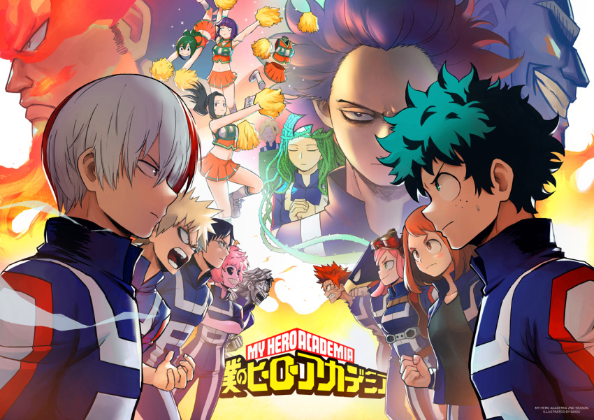 6+boys 6+girls all_might animal_head ashido_mina asui_tsuyu bakugou_katsuki blonde_hair blue_hair boku_no_hero_academia bound cheerleader clenched_hands closed_eyes colored_skin commentary_request copyright_name endeavor_(boku_no_hero_academia) eye_contact fire freckles glasses green_hair gym_uniform hagakure_tooru hatsume_mei horns iida_tenya invisible jacket jirou_kyouka kaminari_denki kirishima_eijirou looking_at_another midoriya_izuku multicolored_hair multiple_boys multiple_girls open_clothes open_jacket open_mouth photoshop_(medium) pink_hair pink_skin pom_pom_(cheerleading) qosic redhead shinsou_hitoshi shiozaki_ibara showdown spiky_hair sweatdrop tetsutetsu_tetsutetsu thorns todoroki_shouto tokoyami_fumikage u.a._cheerleader_uniform u.a._gym_uniform uraraka_ochako watermark yaoyorozu_momo