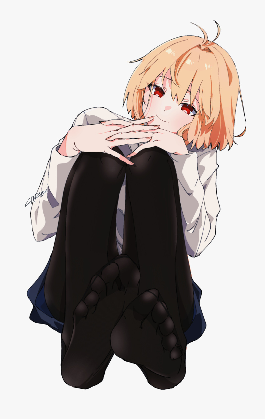 1girl absurdres ahoge arcueid_brunestud bad_feet bangs black_legwear blue_skirt citron80citron closed_mouth commentary_request eyebrows_visible_through_hair eyelashes feet full_body grey_background hair_between_eyes hands_on_own_knees head_tilt highres interlocked_fingers knees_up leaning_to_the_side legs long_sleeves looking_at_viewer medium_hair pleated_skirt red_eyes shadow shirt sidelocks signature sitting skirt smile soles solo toes tsukihime tsukihime_(remake) white_shirt
