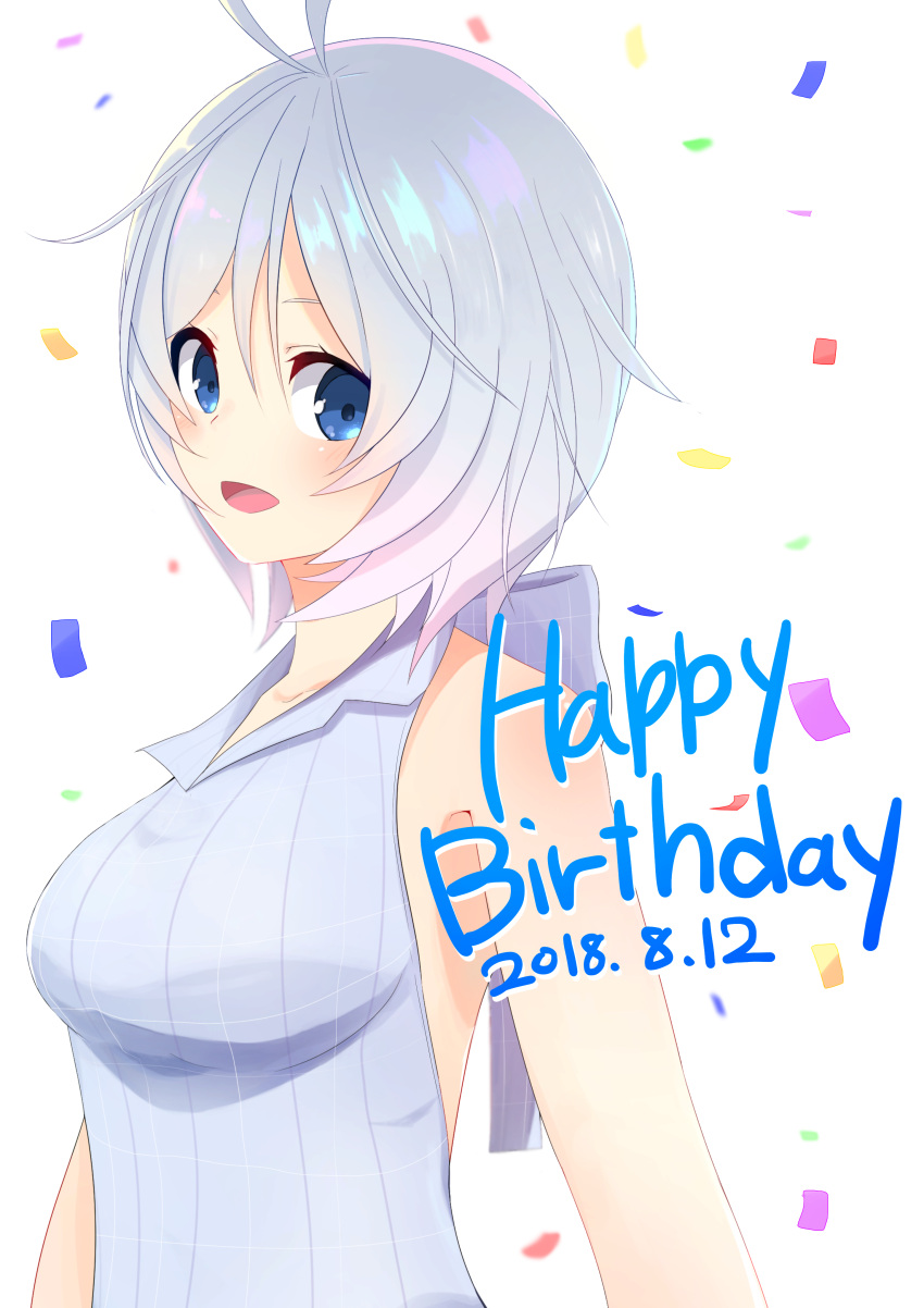 1girl :d absurdres antenna_hair bangs bare_shoulders blue_eyes blush bow breasts choco_(chocovix112) collared_shirt confetti dated dennou_shoujo_youtuber_siro dress eyebrows_behind_hair grey_bow grey_hair grey_shirt hair_between_eyes happy_birthday highres looking_at_viewer medium_breasts parted_bangs shirt short_hair simple_background siro_(dennou_shoujo_youtuber_siro) sleeveless sleeveless_dress smile solo upper_body virtual_youtuber white_background