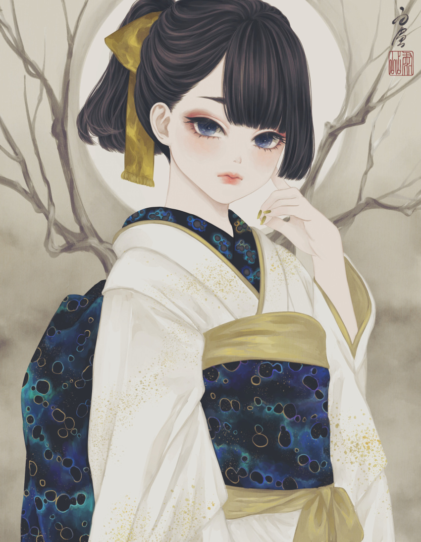 1girl absurdres bangs black_hair blue_eyes blue_sash bow commentary eyeshadow full_moon hair_bow hand_on_own_face hand_up highres japanese_clothes kimono long_sleeves looking_at_viewer makeup moon nail_polish obi obiage original outdoors personification ponytail print_sash red_eyeshadow sash seal_impression sepia_background signature solo standing tree upper_body ushiyama_ame white_kimono yellow_bow yellow_nails