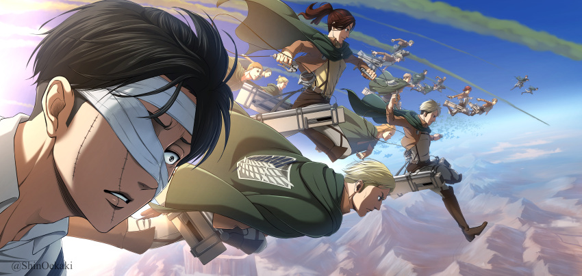 absurdres bandage_over_one_eye black_eyes black_hair boots brown_hair capelet character_request collared_shirt erwin_smith falling green_capelet hange_zoe highres incredibly_absurdres knee_boots leather leather_boots levi_(shingeki_no_kyojin) mike_zakarius multiple_boys multiple_girls paradis_military_uniform parted_lips shin_oekaki shingeki_no_kyojin shirt short_hair spoilers stitches survey_corps_(emblem) three-dimensional_maneuver_gear