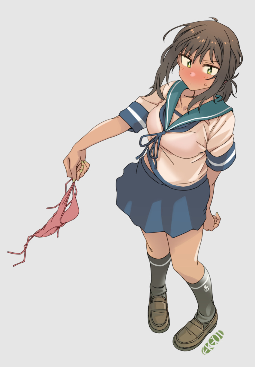 1girl anchor_symbol artist_logo artist_name blue_ribbon blue_sailor_collar blush brown_footwear brown_hair closed_mouth ergot eyebrows_visible_through_hair fubuki_(kancolle) green_legwear hair_between_eyes highres holding holding_clothes holding_panties holding_underwear kantai_collection medium_hair messy_hair panties panties_removed pleated_skirt ponytail red_panties ribbon sailor_collar school_uniform serafuku short_sleeves sidelocks signature skirt sweatdrop underwear white_serafuku yellow_eyes