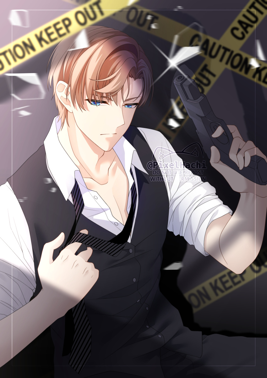 1boy absurdres artem_wing_(tears_of_themis) bandages black_necktie black_pants black_vest blue_eyes brown_hair closed_mouth gun handgun highres holding holding_gun holding_weapon necktie pants pistol pixelhachi polo_shirt shirt short_hair sleeves_rolled_up solo tears_of_themis vest watermark weapon white_shirt