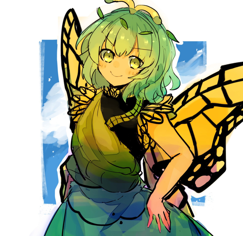 &gt;:) 1girl antennae aqua_hair bad_id bad_twitter_id butterfly_wings closed_mouth dress eternity_larva eyebrows_visible_through_hair fairy green_dress hair_between_eyes highres kujikimi leaf leaf_on_head multicolored_clothes multicolored_dress short_hair short_sleeves single_strap smile solo third-party_source touhou v-shaped_eyebrows wings yellow_eyes