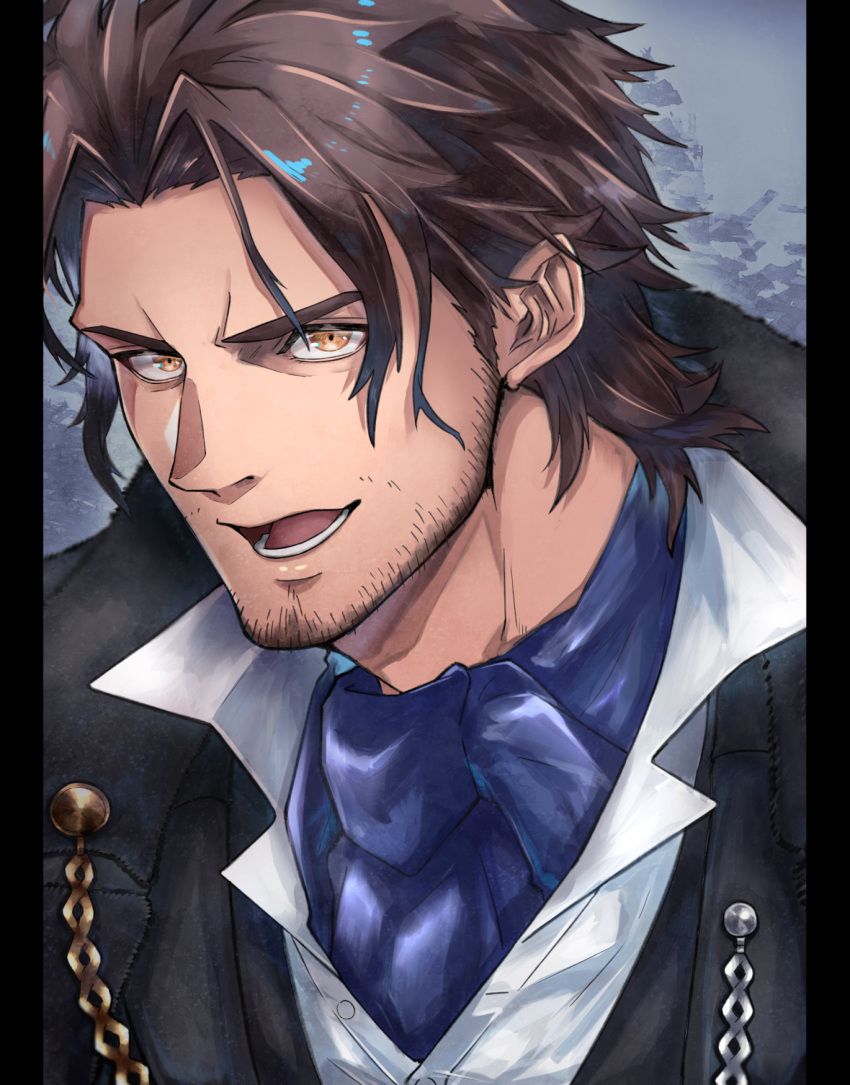 1boy :d bangs belmond_banderas black_jacket brown_eyes brown_hair collared_shirt commentary_request dress_shirt facial_hair highres jacket looking_at_viewer male_focus nijisanji parted_bangs pillarboxed shirt smile solo stubble thick_eyebrows townoise v-shaped_eyebrows virtual_youtuber white_shirt