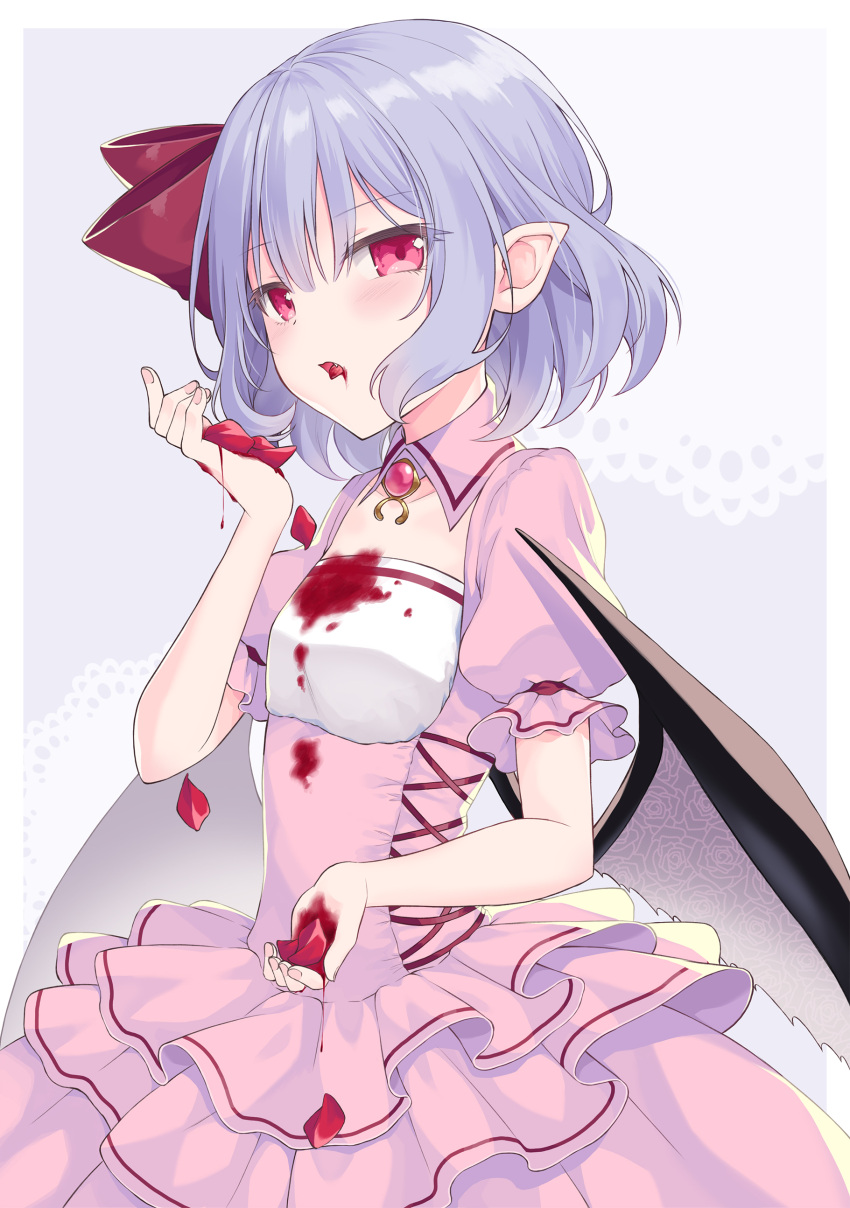 1girl absurdres bangs bat_wings beni_kurage blood blood_on_clothes blood_on_face blood_on_hands breasts dress eyebrows_visible_through_hair eyes_visible_through_hair hair_between_eyes hair_ribbon hand_up highres looking_at_viewer medium_breasts no_hat no_headwear open_mouth petals pink_dress pink_eyes pink_sleeves pointy_ears puffy_short_sleeves puffy_sleeves purple_background purple_hair red_ribbon remilia_scarlet ribbon short_hair short_sleeves simple_background solo touhou white_background wings
