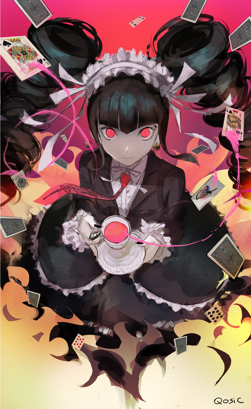 1girl bangs black_hair black_nails blunt_bangs bonnet card celestia_ludenberg claw_ring commentary cup danganronpa:_trigger_happy_havoc danganronpa_(series) drill_hair earrings english_commentary from_above gothic_lolita highres holding jewelry lolita_fashion long_hair long_sleeves looking_at_viewer nail_polish necktie photoshop_(medium) playing_card qosic red_eyes skirt solo teacup twin_drills twintails very_long_hair