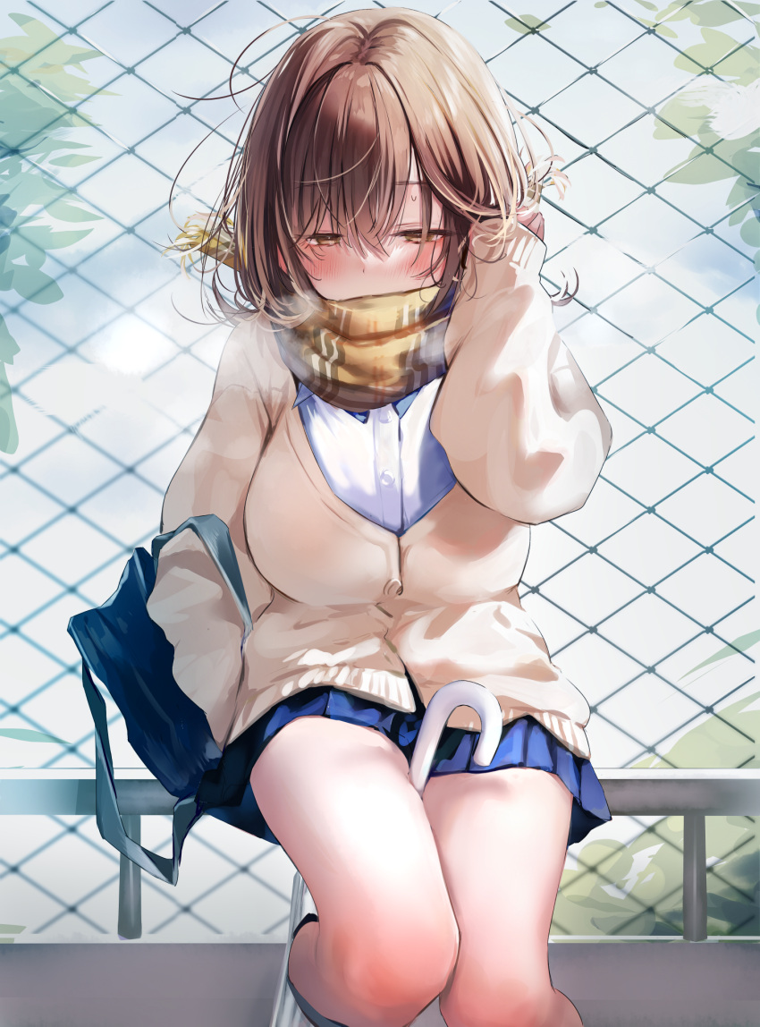1girl arm_up bag bangs blue_skirt blush breasts brown_cardigan brown_hair cardigan chain-link_fence commentary_request day fence hand_in_hair highres large_breasts long_sleeves looking_down miniskirt nekomugiharu original outdoors pleated_skirt railing scarf school_bag shirt sitting skirt sleeves_past_wrists solo umbrella white_shirt yellow_scarf