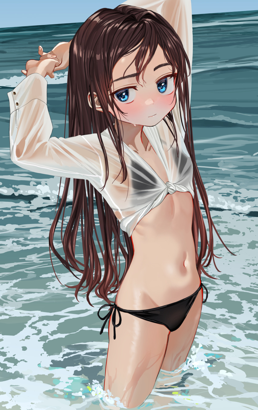 1girl absurdres arms_behind_head arms_up bangs bikini blue_eyes blush brown_hair closed_mouth commentary crop_top day elisia_valfelto front-tie_top hair_intakes highres horizon long_hair looking_at_viewer luicent navel ocean original outdoors see-through shirt side-tie_bikini solo standing stomach string_bikini swimsuit thighs tied_shirt very_long_hair water wet wet_clothes wet_shirt white_shirt