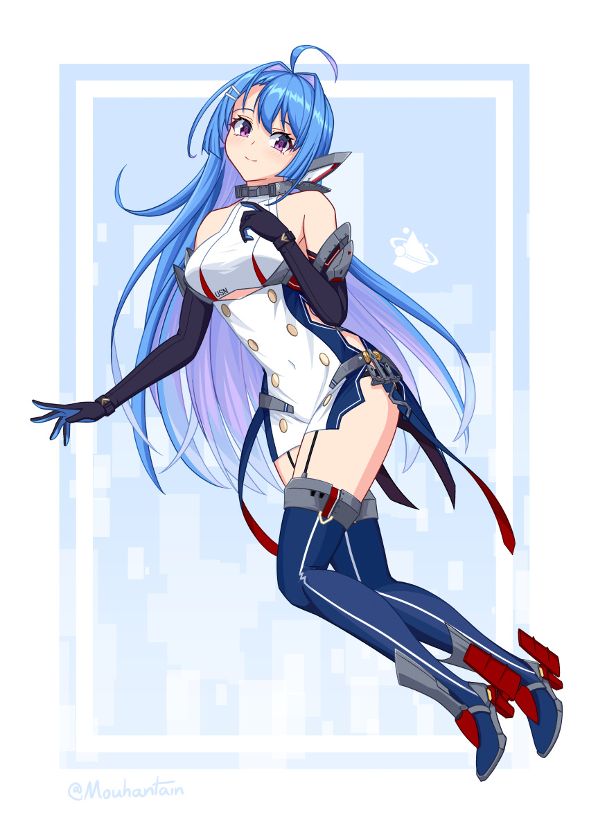 1girl absurdres ahoge azur_lane bare_shoulders black_gloves blue_footwear blue_hair boots breasts buttons double-breasted dress elbow_gloves full_body garter_straps gloves helena_(azur_lane) highres looking_at_viewer medium_breasts microdress mouhantain multicolored_hair purple_hair retrofit_(azur_lane) rudder_footwear simple_background sleeveless sleeveless_dress solo thigh-highs thigh_boots two-tone_hair violet_eyes