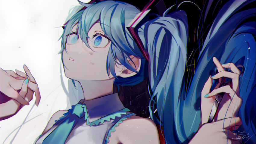 1girl aqua_eyes aqua_hair hassan_(sink916) hatsune_miku highres lying mosaic_roll_(vocaloid) nail_polish necktie on_back pinned scissors shallow_water sleeveless solo twintails vocaloid water