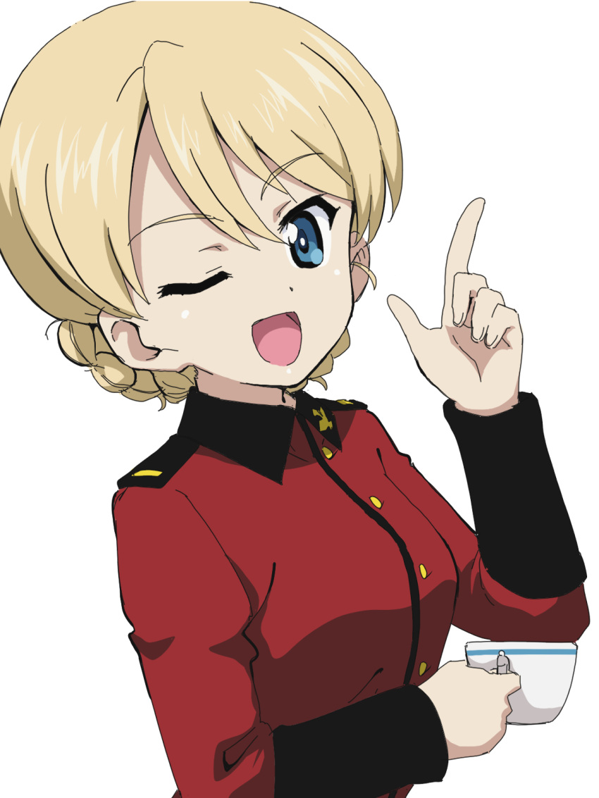 1girl ;d blonde_hair blue_eyes braid commentary cup darjeeling_(girls_und_panzer) epaulettes girls_und_panzer highres holding holding_cup index_finger_raised jacket kanau long_sleeves looking_at_viewer military military_uniform one_eye_closed red_jacket short_hair simple_background smile solo st._gloriana's_military_uniform teacup tied_hair twin_braids uniform upper_body white_background