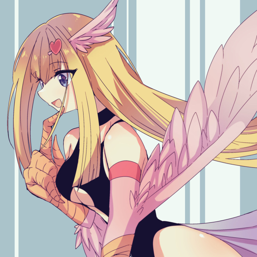 1girl artist_request asymmetrical_legwear blonde_hair blue_eyes breasts center_opening claws cleavage duel_monster feathers hair_ornament harpie_girl harpy heart heart_hair_ornament highres jyon104 kneeling leotard long_hair monster_girl navel open_mouth pantyhose smile solo thigh-highs wings yu-gi-oh! yu-gi-oh!_duel_monsters yuu-gi-ou yuu-gi-ou_duel_monsters