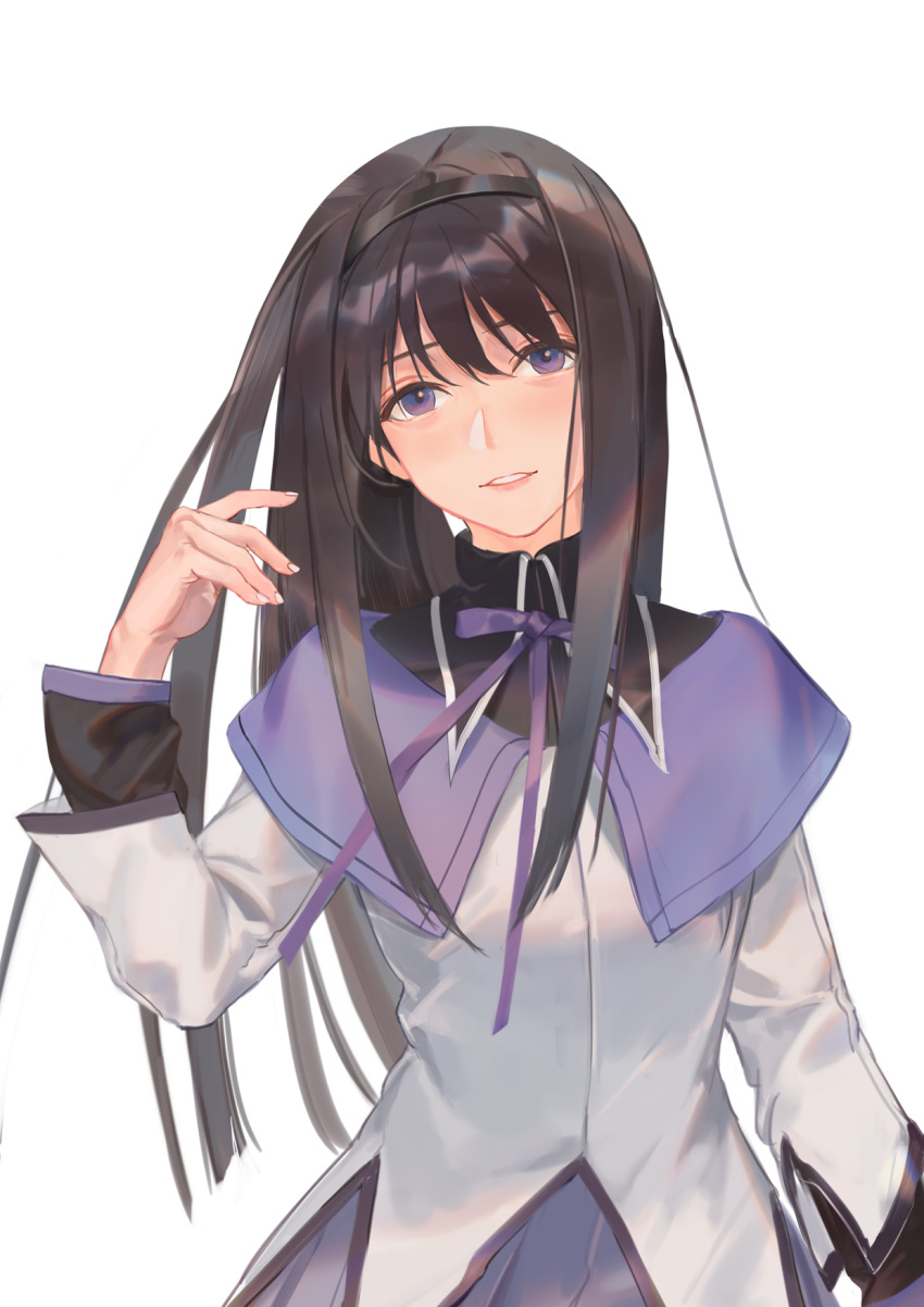 1girl akemi_homura asagami_(hnt16303310) black_hair black_hairband capelet facing_viewer hairband hand_up highres light_smile long_hair long_sleeves looking_at_viewer magical_girl mahou_shoujo_madoka_magica neck_ribbon parted_lips purple_capelet purple_ribbon ribbon shirt simple_background solo upper_body violet_eyes white_background white_shirt