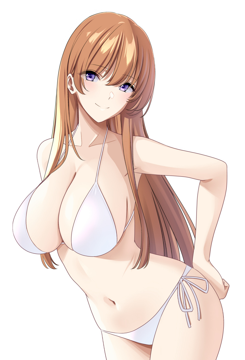 1girl bangs bikini brown_hair closed_mouth collarbone commentary_request eyebrows_visible_through_hair highres long_hair looking_at_viewer marui_koishi navel original side-tie_bikini simple_background smile solo swimsuit violet_eyes