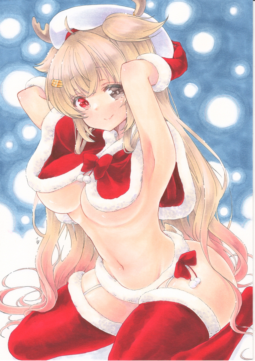 1girl absurdres antlers bangs beret breasts brown_eyes capelet christmas commentary_request eyebrows_visible_through_hair fur-trimmed_capelet fur-trimmed_gloves fur-trimmed_headwear fur-trimmed_legwear fur_trim garter_straps gloves gradient_hair hair_flaps hat heterochromia highres kantai_collection large_breasts light_brown_hair long_hair looking_at_viewer marker_(medium) midriff multicolored_hair murasame_(kancolle) no_bra red_capelet red_eyes red_gloves red_legwear reindeer_antlers remodel_(kantai_collection) santa_costume santa_gloves smile solo stomach thigh-highs traditional_media two_side_up under_boob white_headwear yuuki_chima