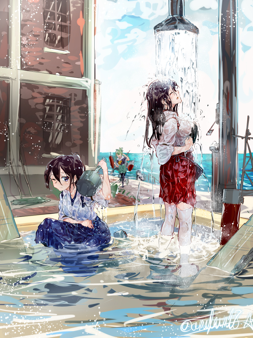 4girls absurdres akagi_(kancolle) amylum apron asashio_(kancolle) black_hair bow brown_eyes brown_hair bucket character_request check_character closed_eyes flight_deck green_bow green_hair hair_between_eyes hair_bow highres holding holding_bucket japanese_clothes kaga_(kancolle) kantai_collection long_hair machinery multiple_girls open_mouth outdoors partially_submerged ponytail quiver see-through showering side_ponytail straight_hair tasuki thigh-highs wet wet_clothes white_legwear yuubari_(kancolle)