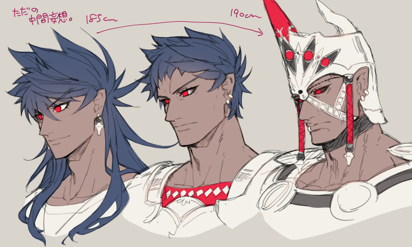 1boy age_progression bald black_sclera colored_sclera cropped_shoulders dark-skinned_male dark_skin earrings fate/grand_order fate_(series) height_difference highres jewelry koshiro_itsuki lip_piercing male_focus piercing red_eyes romulus_(fate) romulus_quirinus_(fate) translation_request