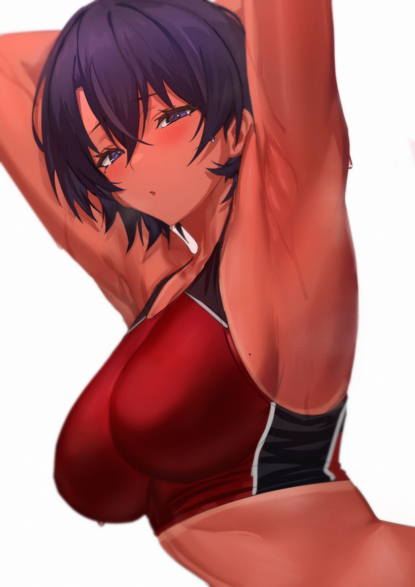 1girl absurdres armpits arms_behind_head arms_up bangs bare_shoulders blush breasts highres large_breasts looking_at_viewer open_mouth original purple_hair red_sports_bra short_hair solo sports_bra sweat ulrich_(tagaragakuin) violet_eyes