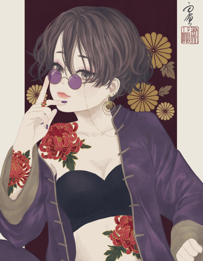 1girl arm_tattoo bangs black_bra bra breasts brown_eyes brown_hair chinese_clothes closed_mouth collarbone commentary earrings eyewear_chain finger_tattoo finger_to_cheek finger_to_own_chin fingernails floral_background flower glasses hair_between_eyes hand_up highres jacket jewelry kikumon light_smile long_sleeves looking_at_viewer looking_over_eyewear medibang_paint_(medium) midriff nail_polish off_shoulder open_clothes open_jacket original purple-tinted_eyewear purple_jacket purple_nails red_background red_flower seal_impression short_hair shoulder_tattoo signature sitting solo spider_lily stomach_tattoo striped_nails sunglasses tangzhuang tattoo tinted_eyewear underwear upper_body ushiyama_ame