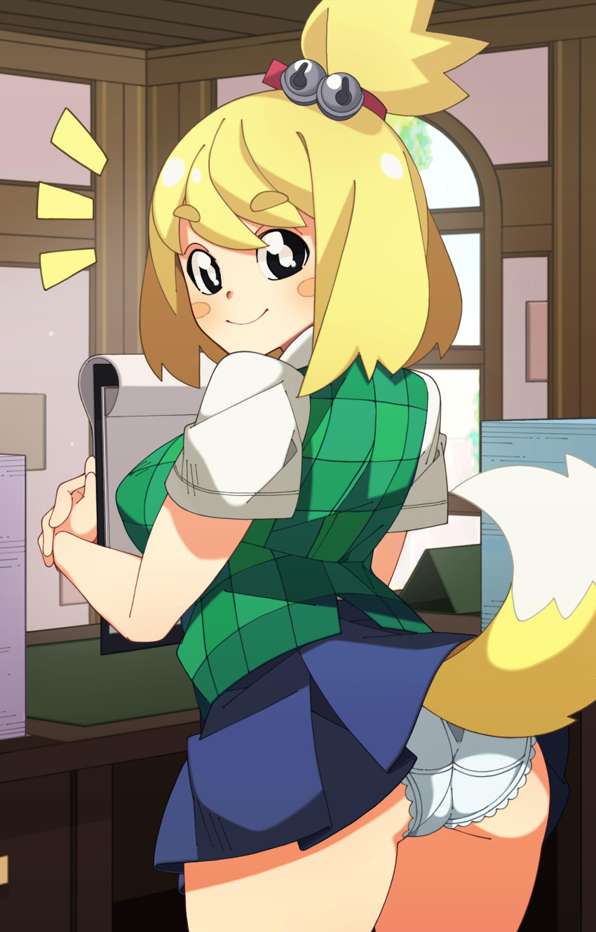 1girl absurdres animal_crossing animal_ears ass black_eyes blonde_hair blue_skirt blush blush_stickers bright_pupils checkered checkered_vest clip_studio_paint_(medium) clipboard commentary dog_ears dog_girl dog_tail english_commentary eyebrows_visible_through_hair from_behind green_vest hair_ornament happy highres holding holding_clipboard humanization indoors isabelle_(animal_crossing) looking_at_viewer looking_back making-of_available miniskirt nisego notice_lines panties pantyshot paper photoshop_(medium) pleated_skirt shirt short_hair short_sleeves skirt smile solo standing tail thick_eyebrows thighs tied_hair topknot trefoil underwear upskirt vest white_panties white_pupils white_shirt