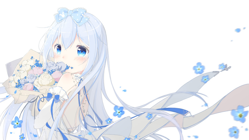 1girl back backless_dress backless_outfit bangs blue_dress blue_eyes blue_hair blue_ribbon bouquet character_request dress flower frills from_behind highres holding holding_bouquet looking_at_viewer looking_back ribbon virtual_youtuber yuka_aaaaaa
