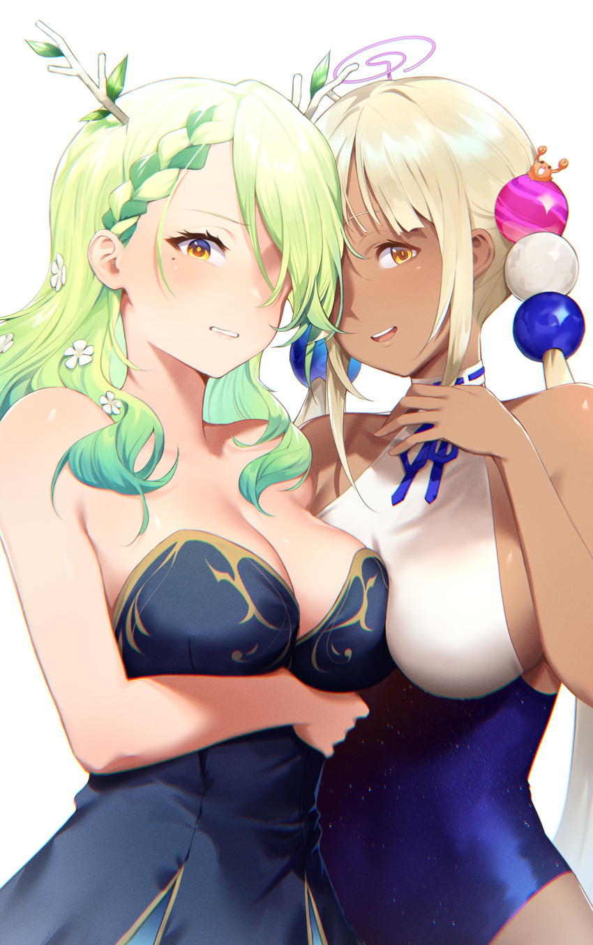 2girls absurdres antlers asymmetrical_docking bangs bingsardina blonde_hair blue_dress blue_leotard braid branch breast_press breasts ceres_fauna commentary dark-skinned_female dark_skin dress english_commentary flower green_hair hair_flower hair_ornament highres hololive hololive_english kaniko_(tsukumo_sana) large_breasts leotard limiter_(tsukumo_sana) long_hair looking_at_viewer mole mole_under_eye multicolored_hair multiple_girls parted_lips planet_hair_ornament strapless strapless_dress streaked_hair tsukumo_sana twintails virtual_youtuber yellow_eyes