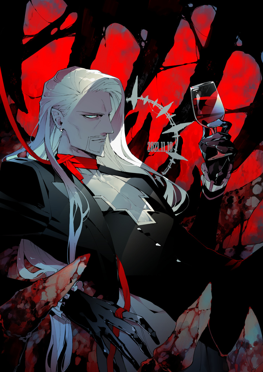 1boy bangs blood blood_string blue_eyes choker cup drinking_glass earrings european_clothes facial_hair fate/grand_order fate_(series) feet_out_of_frame gloves glowing glowing_eyes goatee highres holding holding_cup jewelry koshiro_itsuki leather leather_gloves long_hair looking_at_viewer lying male_focus on_back parted_bangs ribbon_choker skinny solo spikes vlad_iii_(fate/apocrypha) wine_glass