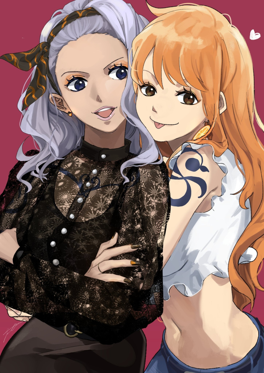 2girls arms_around_waist black_dress blue_eyes blue_hair blush breasts brown_eyes crossed_arms dress earrings fujitachobi hairband highres jewelry large_breasts long_hair multiple_girls nami_(one_piece) navel nojiko one_piece open_mouth orange_hair shoulder_tattoo siblings simple_background sisters smile tattoo tongue tongue_out