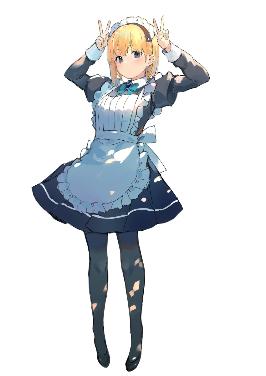 1girl absurdres apron black_footwear black_legwear blonde_hair bow bowtie double_v english_commentary full_body green_neckwear highres looking_at_viewer maid maid_apron maid_headdress original pantyhose ryou_(ponpgo) short_hair simple_background solo v violet_eyes white_background