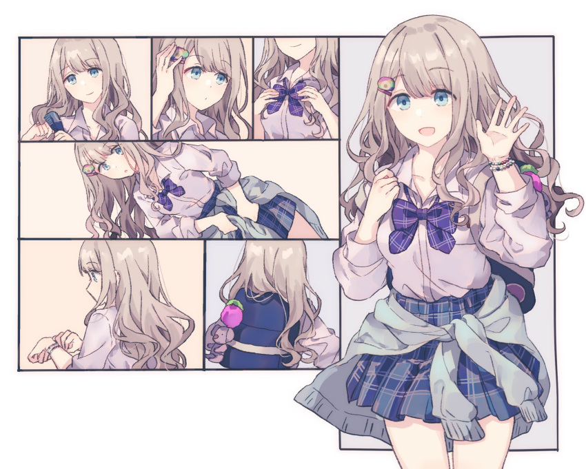 1girl :d adjusting_clothes bag bow bowtie bracelet clothes_around_waist collarbone cowboy_shot eyebrows_visible_through_hair gocoli grey_hair gyaru hair_brushing highres idolmaster idolmaster_shiny_colors jacket jacket_around_waist jewelry kogal long_hair loose_bowtie makeup multiple_views open_collar plaid plaid_bow plaid_bowtie plaid_skirt pleated_skirt school_bag serizawa_asahi skirt smile upper_body wavy_hair