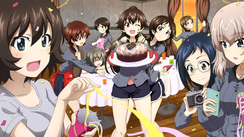 6+girls :d ;d =_= akaboshi_koume birthday_cake black_shorts black_skirt blue_eyes blue_hair brown_eyes brown_hair cake camera casual character_request check_character confetti dress_shirt eyebrows_visible_through_hair food food_on_face geshiko_(girls_und_panzer) girls_und_panzer grey_eyes grey_shirt highres holding holding_camera holding_party_popper indoors itsumi_erika itsumi_erika's_gunner itsumi_erika's_loader key_(gaigaigai123) kojima_emi kuromorimine_school_uniform low_twintails mauko_(girls_und_panzer) medium_hair multiple_girls one_eye_closed party_popper pleated_skirt ponytail sangou_(girls_und_panzer) school_uniform shirt short_hair shorts silver_hair skirt smile t-shirt twintails very_short_hair wing_collar
