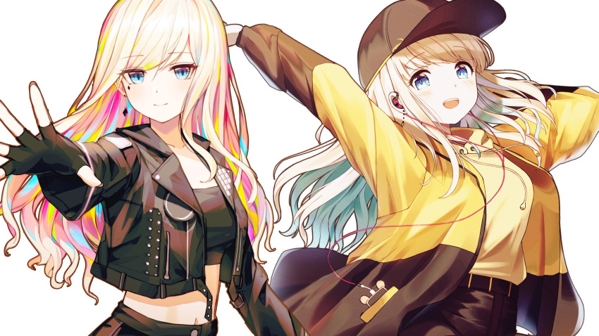 2girls :d arms_up baseball_cap black_gloves black_headwear black_jacket black_shirt black_shorts blonde_hair blue_eyes breasts closed_mouth crop_top drawstring earphones facial_mark fingerless_gloves gloves hat highres iridescent jacket js_vica long_hair long_sleeves looking_at_viewer medium_breasts midriff multiple_girls navel open_clothes open_jacket original outstretched_arm shirt shorts smile upper_body yellow_jacket yellow_shirt