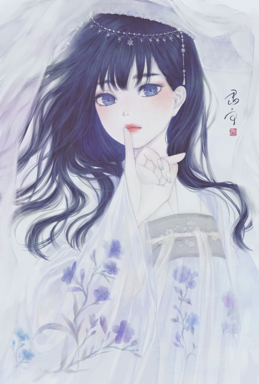 1girl bangs blue_eyes blue_flower blue_hair chinese_clothes closed_mouth commentary_request finger_to_mouth floral_print flower flower_request hand_up hanfu highres light_blush long_hair long_sleeves looking_at_viewer medibang_paint_(medium) nail_polish original purple_flower seal_impression signature solo standing upper_body wavy_hair white_headwear white_nails wide_sleeves