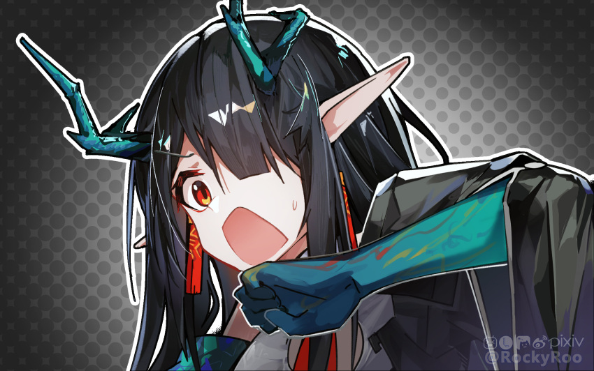 1girl arknights bangs black_coat black_hair cleavage_cutout clothing_cutout coat colored_skin commentary_request dragon_girl dragon_horns dusk_(arknights) earrings hair_over_one_eye highres horns jewelry necktie off-shoulder_coat off_shoulder open_mouth partial_commentary pointy_ears red_eyes red_necktie rockyroo solo sweatdrop twitter_username watermark