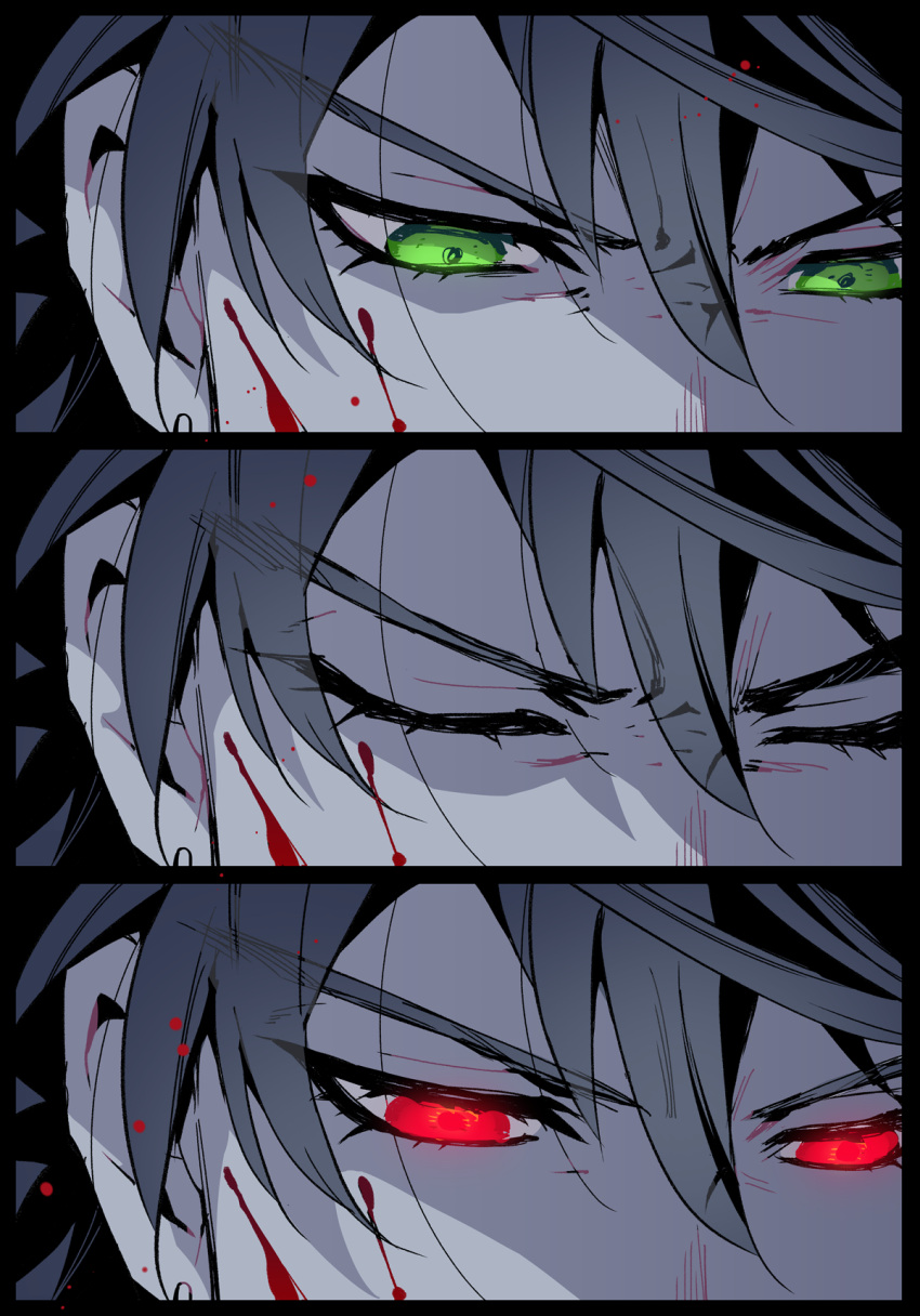 1boy alternate_eye_color bangs blood blood_on_face close-up closed_eyes earrings eye_focus eyebrows_visible_through_hair face fate/grand_order fate_(series) green_eyes highres jewelry koshiro_itsuki limited_palette long_hair male_focus romulus_quirinus_(fate) sequential solo spot_color