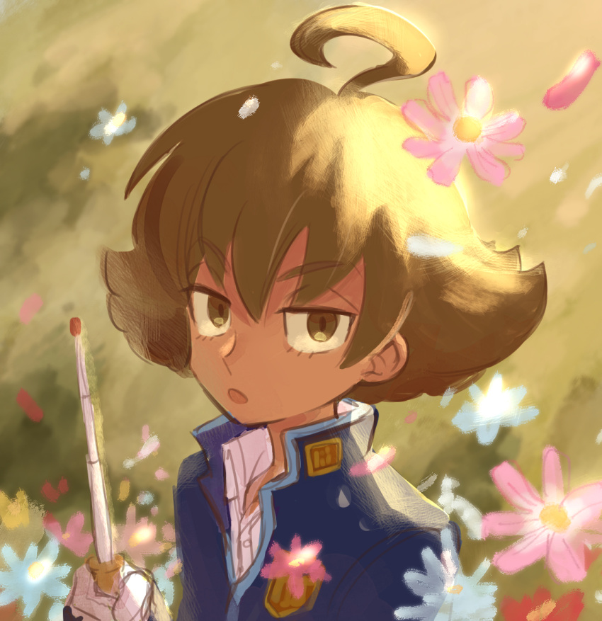 1boy ace_attorney ace_attorney_investigations ace_attorney_investigations_2 brown_eyes brown_hair flower highres holding holding_wand ichiyanagi_yumihiko looking_at_viewer nono_(norabi) outdoors parted_lips solo sunlight wand