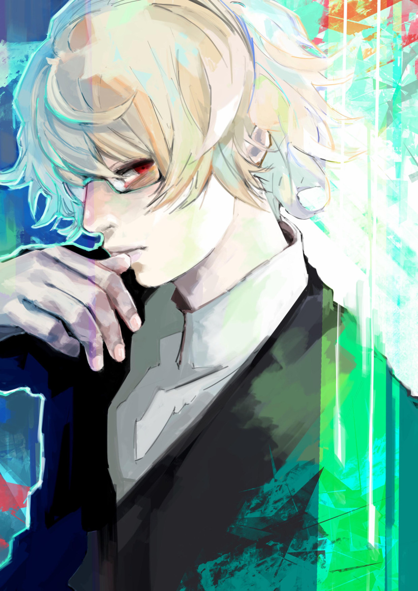 1boy absurdres bangs black_jacket blonde_hair blue_background brown_hair closed_mouth collared_shirt glasses green_background green_jacket grey_shirt hand_up highres jacket kyuuba_melo multicolored_hair nishio_nishiki outline red_eyes shiny shiny_hair shirt solo tokyo_ghoul two-tone_hair white_outline