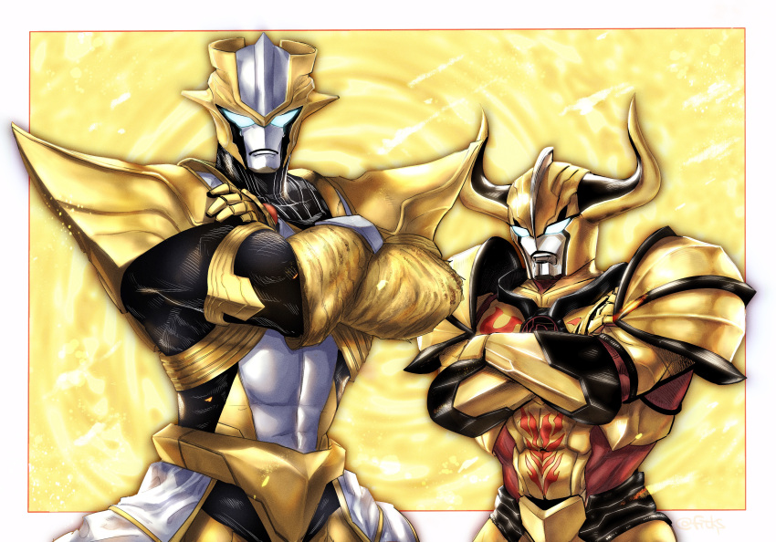 2boys absolute_diavolo absolute_tartarus absurdres alien armor bracelet capelet chest_tattoo crossed_arms demon_horns frown full_armor glowing glowing_eyes gold gold_armor gold_trim highres horns huge_horns jewelry ks_(minusks) multiple_boys pauldrons shoulder_armor shoulder_pads tattoo tokusatsu ultra_galaxy_fight:_the_absolute_conspiracy ultra_galaxy_fight:_the_destined_crossroad ultra_series ultraman_trigger_(series) white_capelet white_eyes