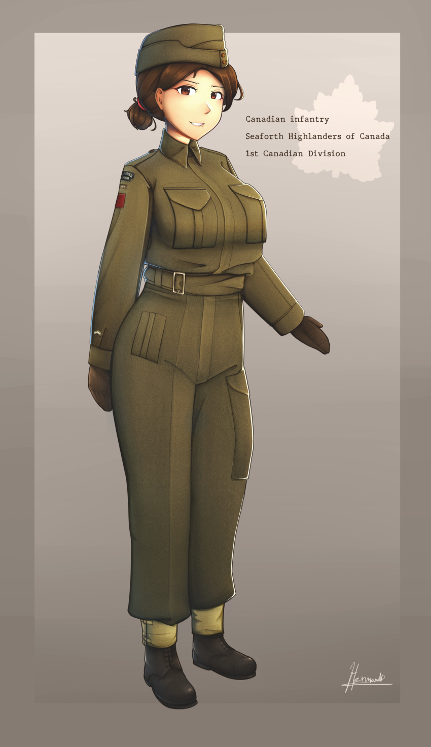 1girl absurdres black_footwear brown_eyes brown_gloves brown_hair canada canadian_army full_body gloves hat hermann highres insignia jacket looking_at_viewer military military_hat military_rank_insignia military_uniform smile soldier uniform world_war_ii