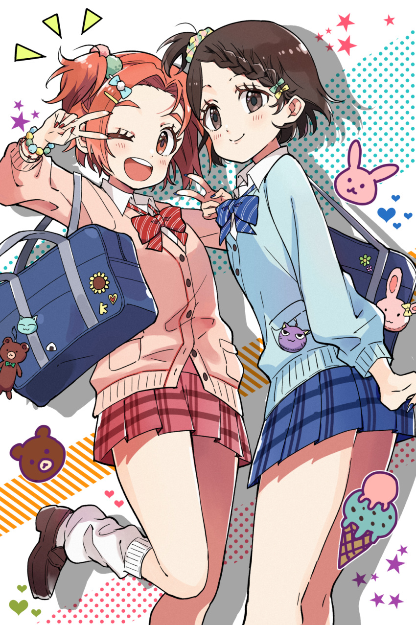 2girls ai_nige bag bangs brown_eyes brown_hair cardigan checkered_clothes checkered_ribbon checkered_skirt cowboy_shot food gyaru hair_ornament highres ice_cream idolmaster idolmaster_cinderella_girls loafers loose_socks multiple_girls one_eye_closed orange_eyes orange_hair ryuuzaki_kaoru sasaki_chie school_bag school_uniform shoes short_hair skirt teeth upper_teeth v