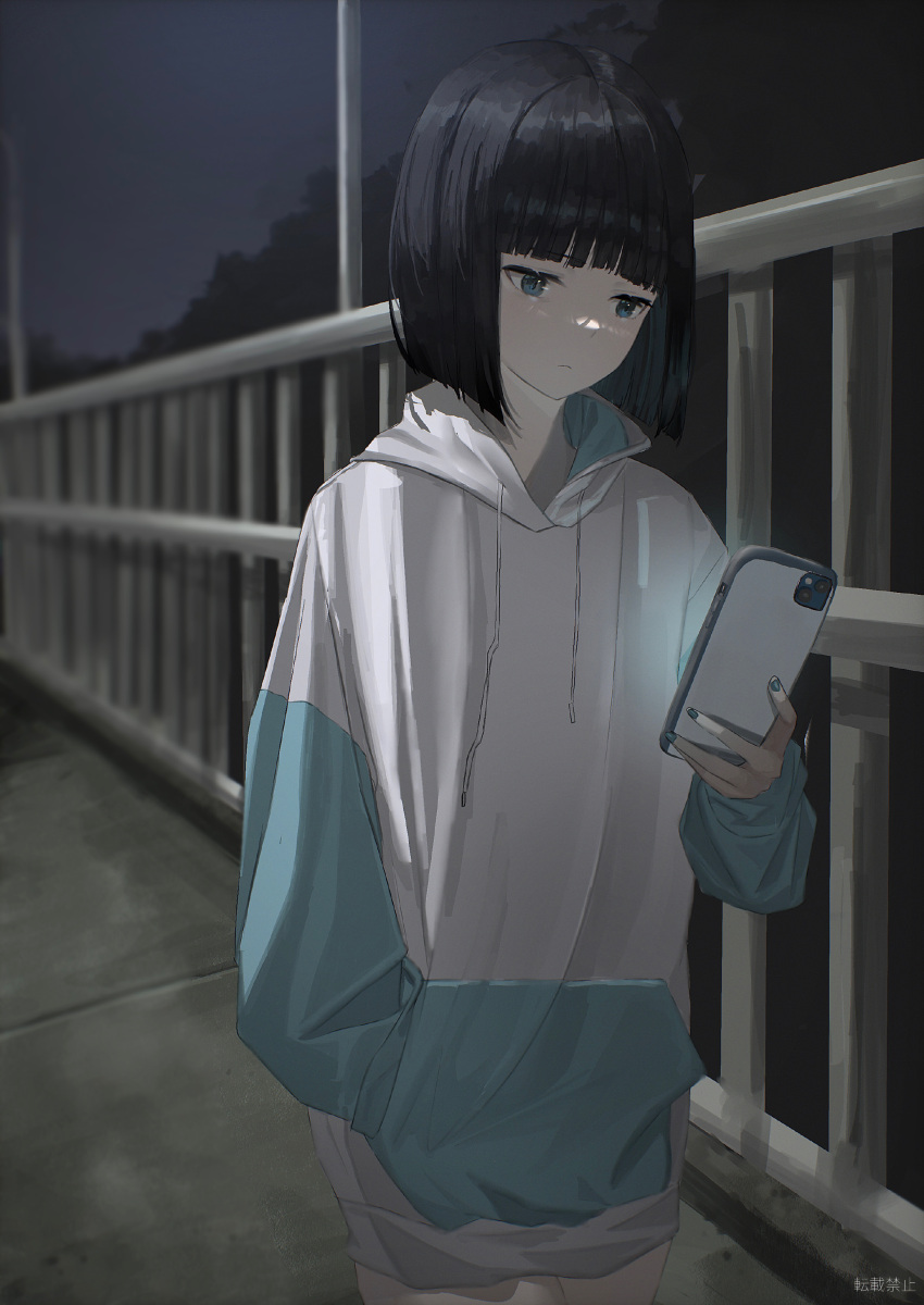 1girl 38_(sanjuuhachi) absurdres aqua_hoodie bangs black_hair blue_eyes blue_nails blunt_bangs bob_cut cellphone closed_mouth commentary concrete drawstring expressionless glowing hair_strand hand_in_pocket highres holding holding_phone hood hood_down hoodie lamppost long_shirt long_sleeves looking_at_phone nail_polish night original outdoors phone railing shaded_face short_hair smartphone solo standing two-sided_fabric two-tone_hoodie walking white_hoodie