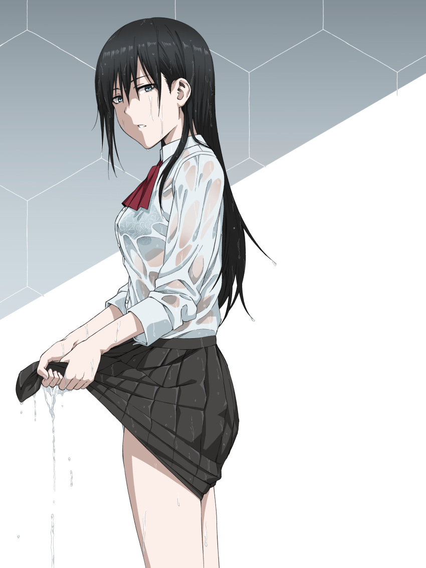 1girl absurdres black_hair blue_eyes bra_visible_through_clothes commentary highres long_hair looking_at_viewer original parted_lips school_uniform see-through shirt simple_background skirt solo tuskryo water wet wet_clothes wet_hair wet_shirt wringing_clothes wringing_skirt
