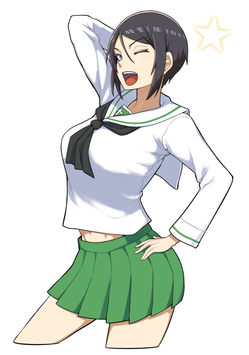 1girl ;d alternate_costume arm_behind_head arm_up bangs black_eyes black_hair blouse chouno_ami commentary_request cowboy_shot cropped_legs girls_und_panzer green_skirt hand_on_hip highres long_sleeves looking_at_viewer midriff miniskirt navel neckerchief one_eye_closed ooarai_school_uniform open_mouth pleated_skirt pose sailor_collar school_uniform serafuku short_hair simple_background skirt smile solo standing star_(symbol) swept_bangs white_background white_blouse white_sailor_collar yougata