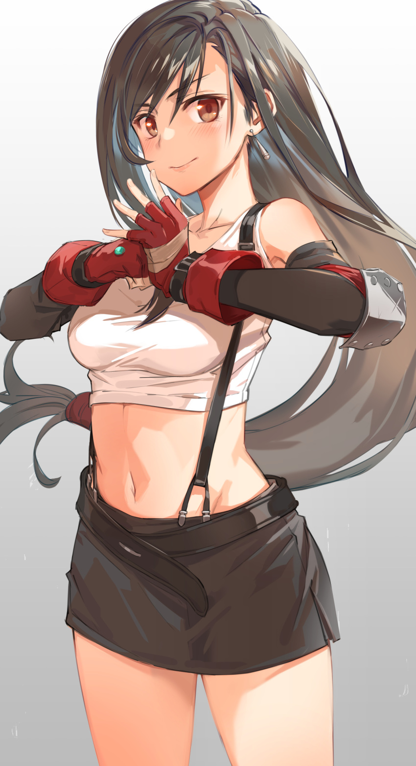 1girl absurdres bangs bare_shoulders black_hair black_skirt blush breasts brown_eyes closed_mouth collarbone commentary_request crop_top earrings eyebrows_visible_through_hair final_fantasy final_fantasy_vii fingerless_gloves gloves gradient gradient_background grey_background hair_between_eyes highres jewelry long_hair looking_at_viewer medium_breasts michairu midriff navel palm-fist_greeting red_gloves skirt smile solo standing suspender_skirt suspenders tank_top tifa_lockhart very_long_hair white_background white_tank_top