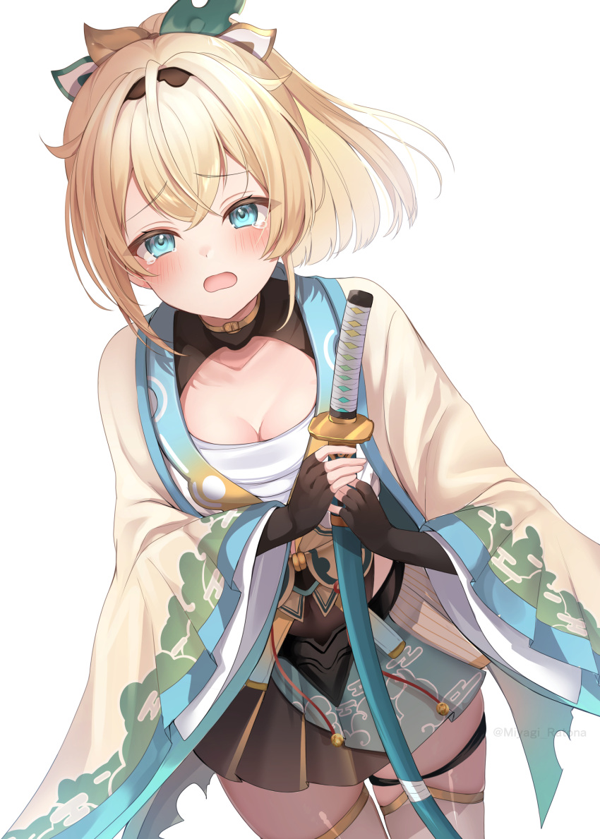 1girl absurdres bangs black_gloves blonde_hair blue_eyes breasts chest_sarashi commentary_request cowboy_shot eyebrows_visible_through_hair fingerless_gloves gloves hair_ribbon haori highres holding holding_sword holding_weapon hololive japanese_clothes katana kazama_iroha long_sleeves looking_at_viewer miyagi_ratona open_mouth pleated_skirt ribbon sarashi sheath sheathed short_hair simple_background skirt solo standing sword tearing_up thigh-highs twitter_username virtual_youtuber weapon white_background white_legwear