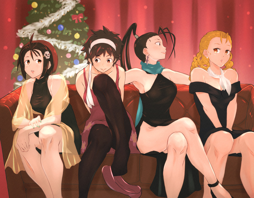 4girls absurdres antenna_hair bare_legs black_hair blonde_hair brown_hair dress drill_hair hair_ornament highres ibuki_(street_fighter) kanzuki_karin kasugano_sakura kazama_akira looking_at_another multiple_girls pantyhose ponytail rival_schools shawl short_hair skull_hair_ornament smile street_fighter street_fighter_v very_short_hair yuenibushi