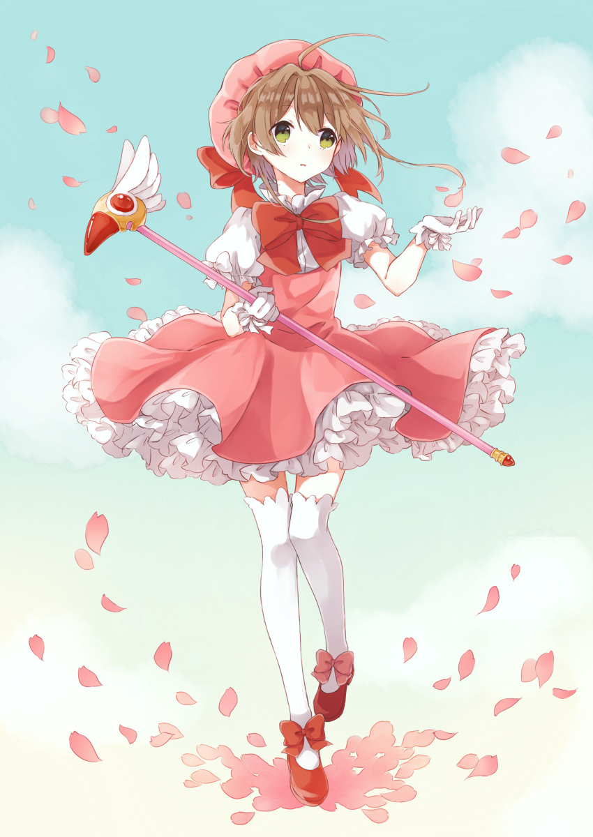 1girl :o absurdres bangs beret blue_sky bow bowtie brown_hair cardcaptor_sakura cherry_blossoms clouds cloudy_sky day dot_nose dress eyebrows_visible_through_hair eyes_visible_through_hair floating_hair footwear_bow frilled_sleeves frills full_body fuuin_no_tsue glove_bow gloves gradient_sky green_eyes hair_between_eyes hands_up hat hat_bow heel_up high_collar highres holding holding_wand kinomoto_sakura knees_together_feet_apart light_blush looking_away looking_to_the_side looking_up magical_girl mary_janes open_hand outdoors parted_lips petals petticoat pinafore_dress pink_dress pink_headwear pleated_dress puffy_short_sleeves puffy_sleeves red_bow red_bowtie red_footwear sentaro207 shirt shoes short_dress short_hair short_sleeves sky solo standing swept_bangs tareme thigh-highs undershirt wand white_bow white_gloves white_legwear white_shirt wind zettai_ryouiki