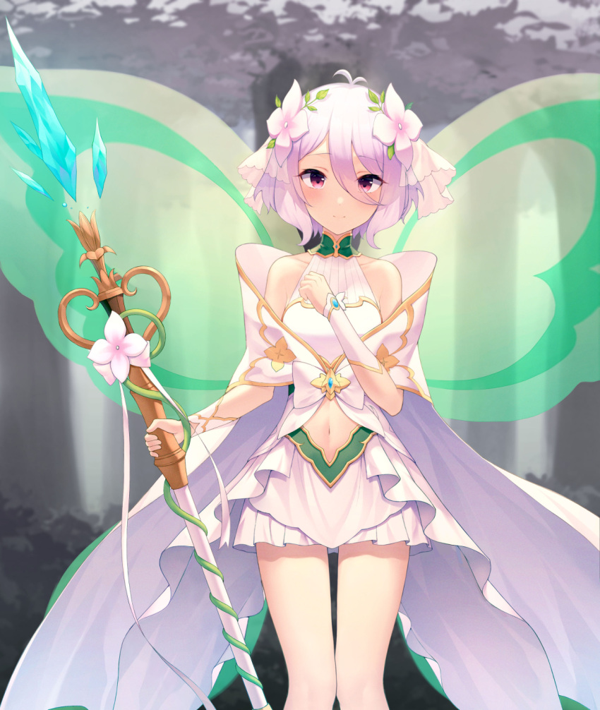 1girl bangs bare_shoulders blush bow breasts closed_mouth clothing_request collarbone commentary_request detached_sleeves elf eyebrows_visible_through_hair fairy_wings feet_out_of_frame flower green_wings hair_between_eyes hair_flower hair_ornament hanavvi hand_up highres holding holding_staff kokkoro_(princess_connect!) looking_at_viewer medium_hair navel pleated_skirt pointy_ears princess_connect! see-through silver_hair skirt small_breasts solo staff white_bow white_skirt wings
